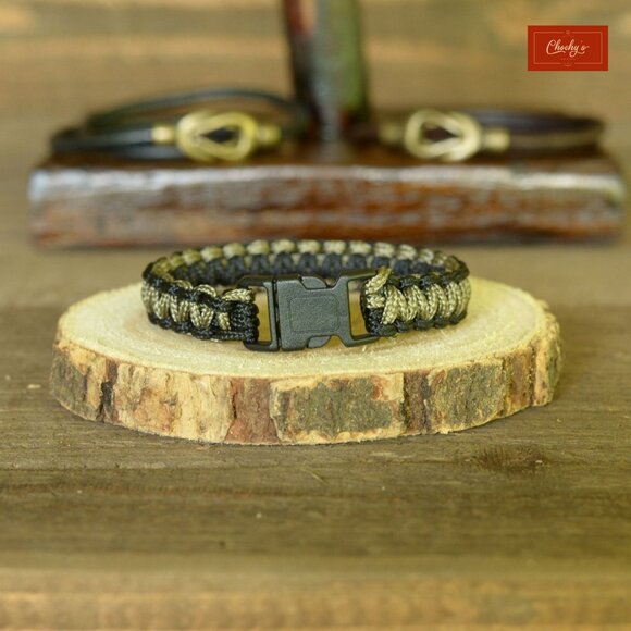 Paracord Bracelet/Survival Bracelet Side Release Buckle Black/Khaki L 7"(ID 201) - Picture 1 of 2